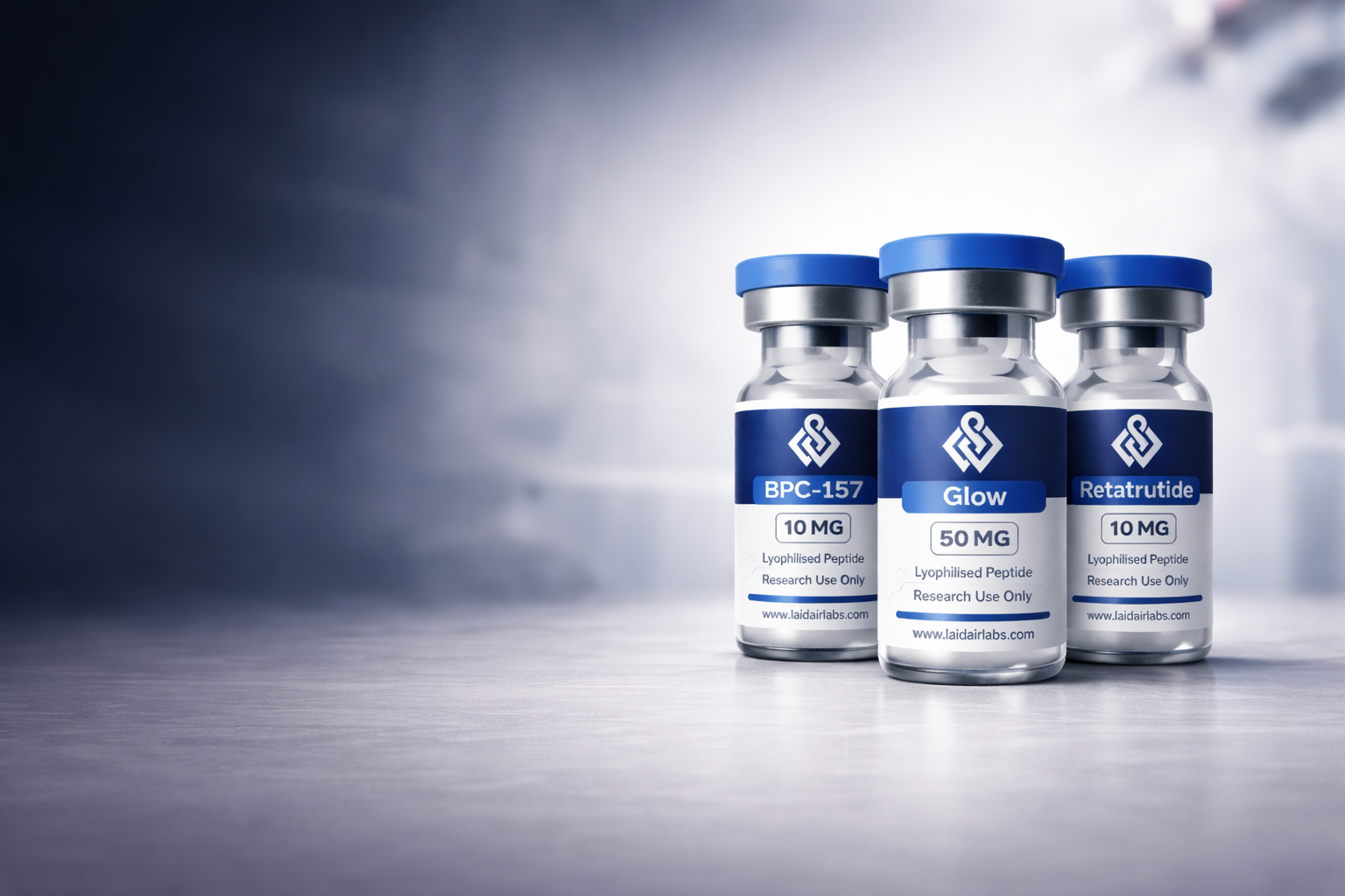 peptide vials against lab backdrop